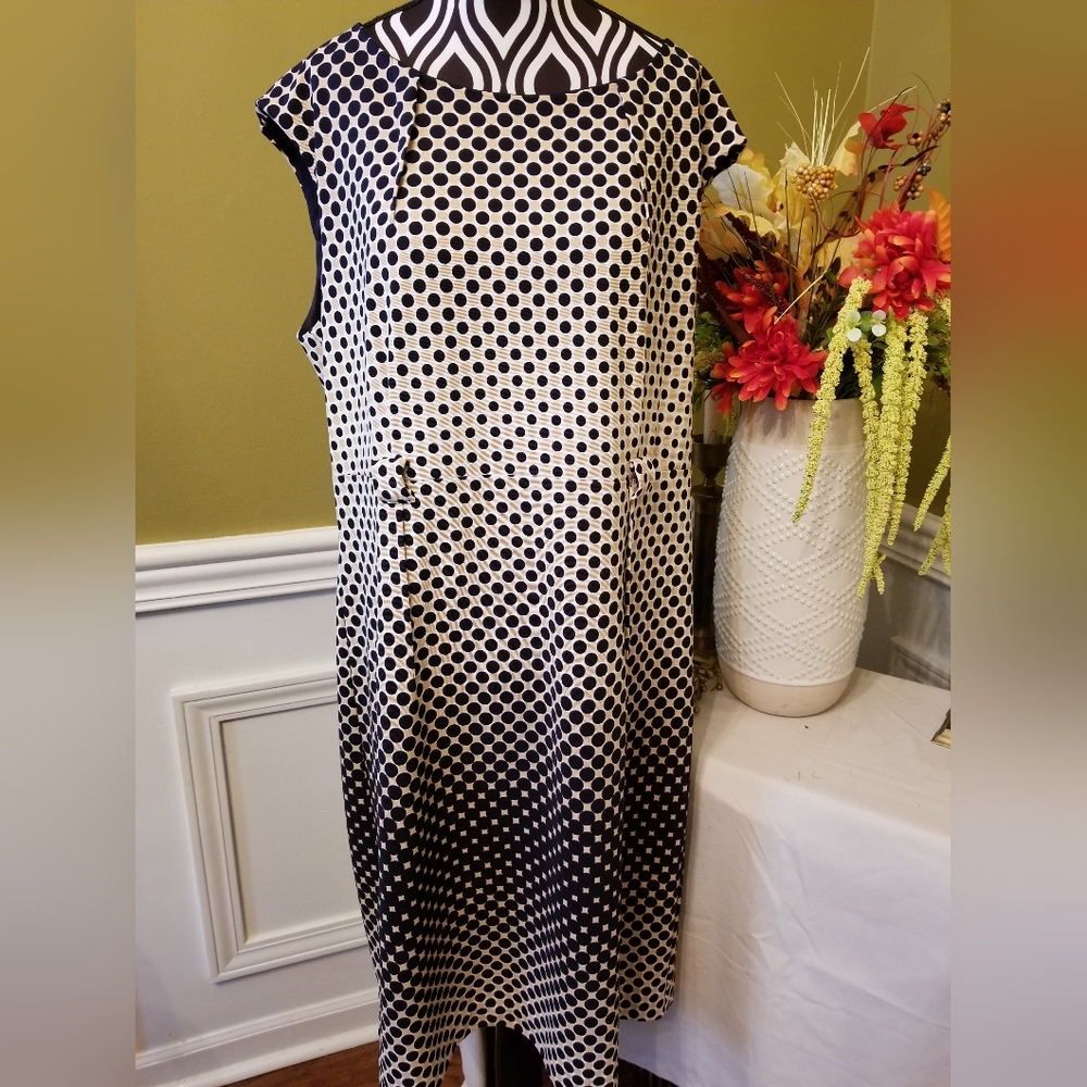 Peach Velvet New York Polka Dot Navy Beige Sheath Sleeveless Size 14